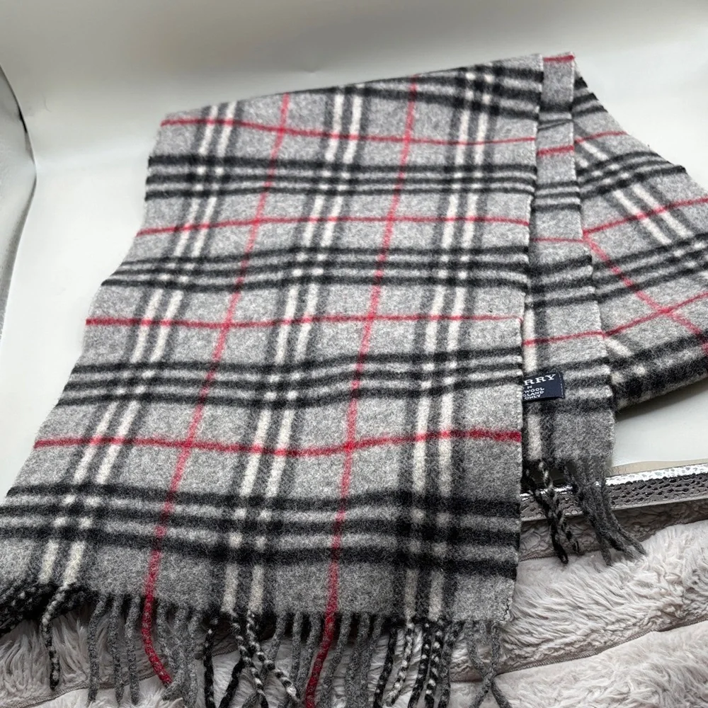 Burberry Gray and Red Checkered Scarf